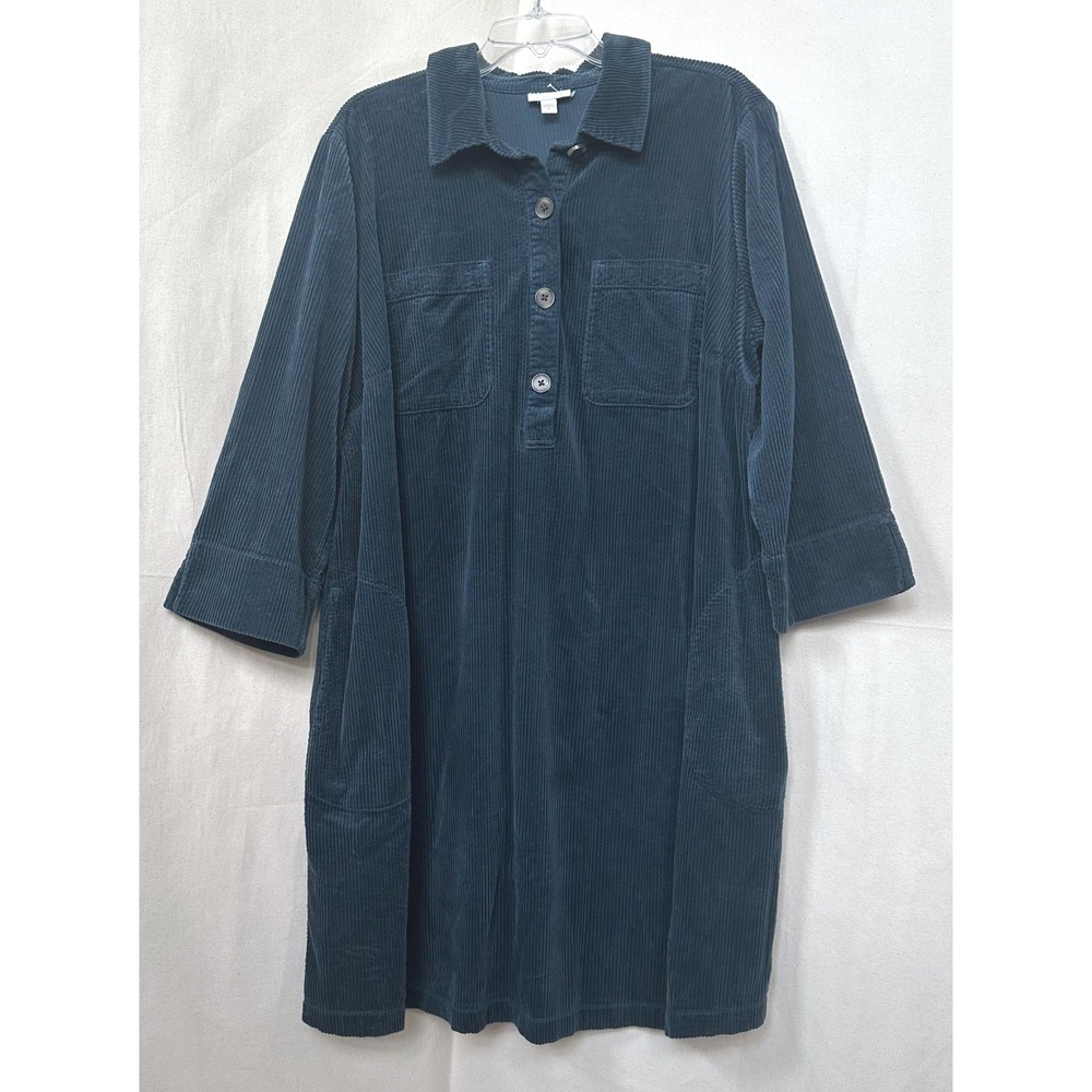 J. Jill Corduroy Modest Lagenlook Deep Teal Shift Dress XL Button Front Pockets